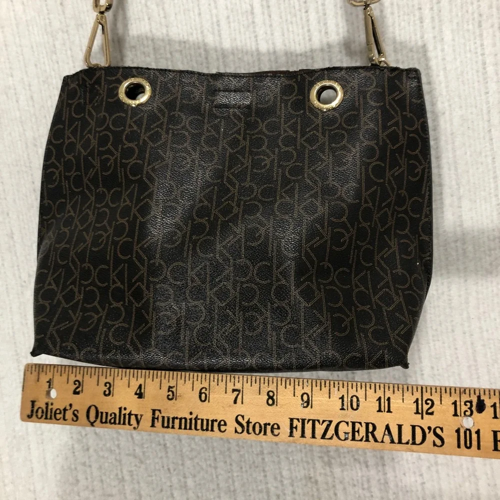 Calvin Klein Monogram Bucket Bag Tote Purse Dark Brown Gold Hardware‎